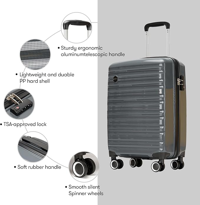 GinzaTravel 24 Inch Checked Luggage with Spinner Wheels TSA Lock PP Hardside Durable Medium Checked Suitcase, Gray, 24Inch