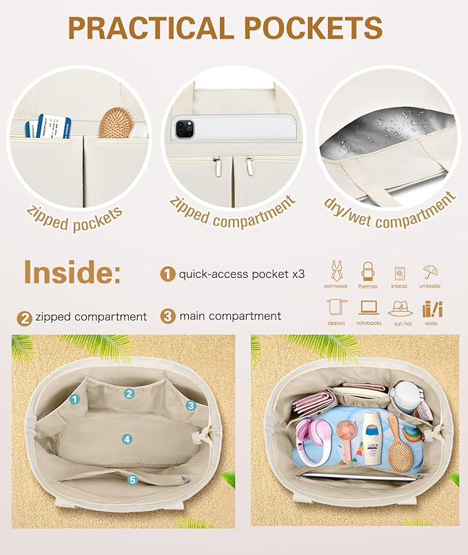 HUANLANG Large Beach Bags for Women Pool Bag with Zipper, Waterproof Sandproof Beach Tote Travel Bag with Wet Pocket | Waterproof, Large capacity, Dry/wet separation, Durable fabric, Cooling function, sandproof
