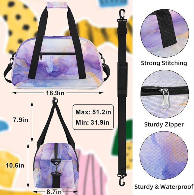 Purple Blue Gold Marbles Sports Duffel Bags, Water-Resistant Gym Duffle Bag for Men Women, Lightweight Weekender Overnight Bag for Fitness, Workout, Travel
