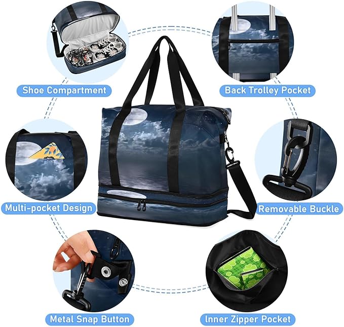 Travel Duffel Bags for Women Starry Moon over Water Sports Duffel Bags Gym Bags with Shoes Compartment Tote Bag Weekender Bag for Travelling