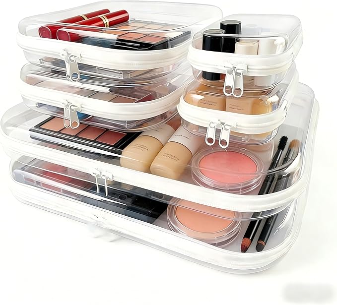 6Pcs/2L+2M+2S Clear Hard Shell Zippered Travel Case – Plastic Organizer Pouch for Toiletries, Cosmetic Bag, Diaper Bag & Packing Accessories (White, Set D)