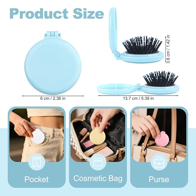 6 Colors Foldable Mirror Hairbrush, 2 in 1 Compact Pocket Mirror Comb in Bulk, with DIY Stickers, Travel Mini Hairbrush Makeup Mirror for Women Girls (24-PACK)