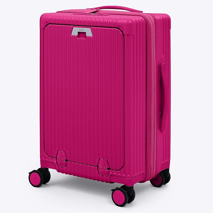 Nobl Travel Carry On Expandable Luggage, Noble Aluminum Frame PC Hard Shell Suitcase, 22.5”x14.2”x9.8” Airline Approved, 360° Spinner Wheels, TSA Locks, USB Charging, Cup & Phone Holder - Hot Pink
