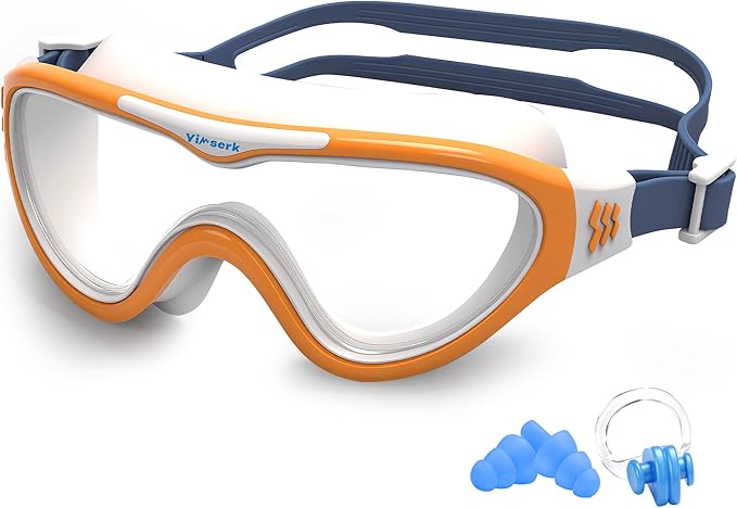 Kids Swim Goggles for Kids 6-14, Anti-Fog & UV400 Lens, Comfortable Silicone Design, Includes Nose Clip & Earplugs