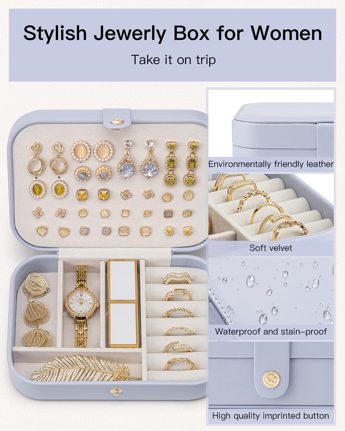 Vlando Travel Jewelry Case for Women Girls Mothers, PU Leather Portable Small Jewelry Box for Rings, Necklaces, Bracelets, Earring Holder Organizer Storage for Travel Gifts Bridesmaid Gifts - Purple