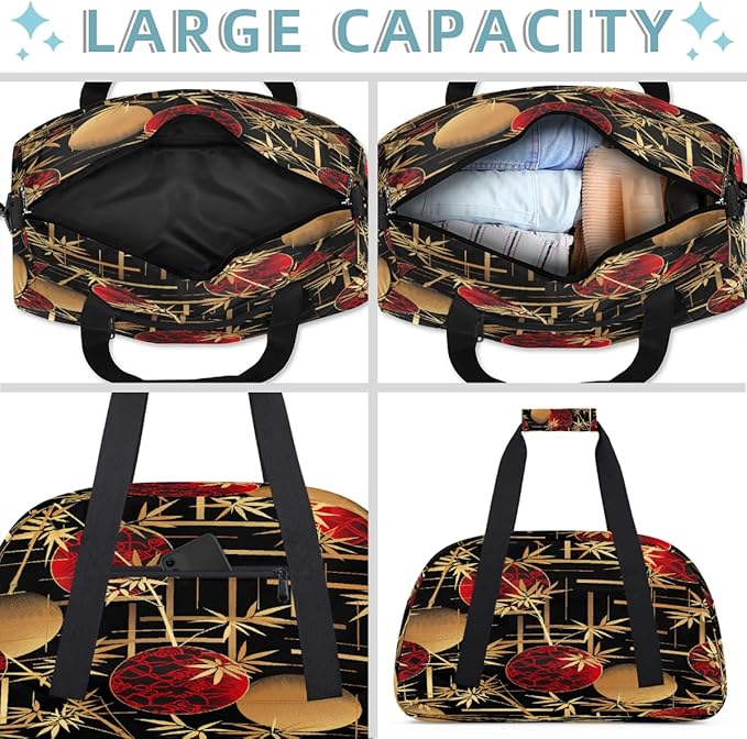 Duffle Bag for Women Men, Red Bamboo Pattern Gym Bag for Travel Sports, Lightweight Waterproof Weekender Overnight Bags with Adjustable Strap