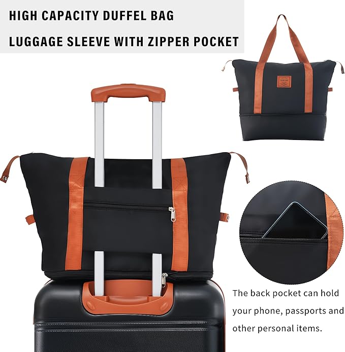 Merax Luggage Sets 2 Piece Expandable Hardside Luggage with Travel Bag Suitcase Set with Spinner Wheels(20+28+bag,Black+Brown-1)