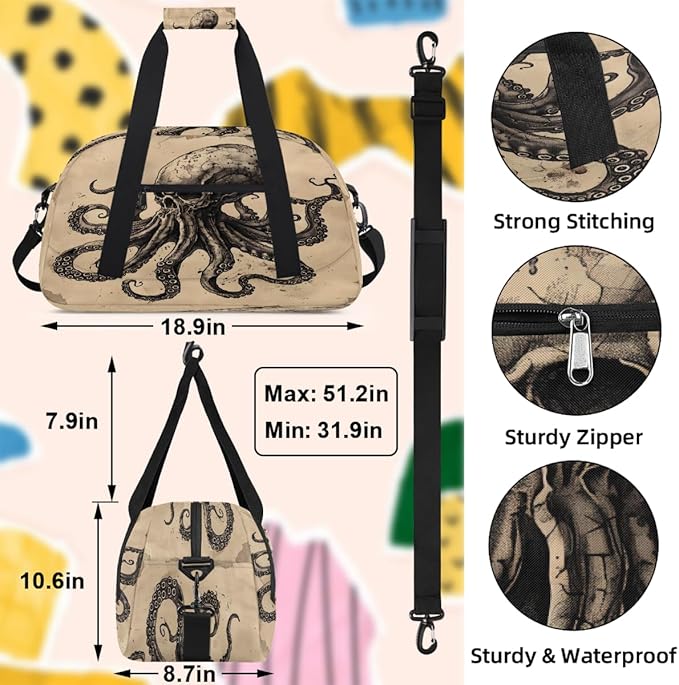 Travel Duffle Bag for travel duffle bag sports Girls Boys Kids Octopus Retro Skyll Lightweight Overnight Sleepover Weekender Bags Small Dance Gym Sport Bag Teens Carry-On Size Workout Bag