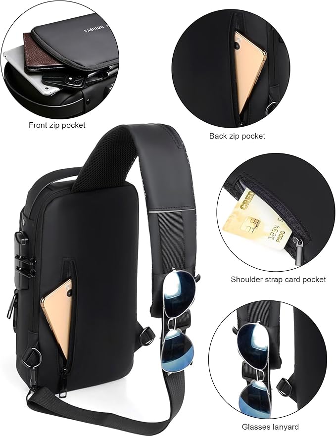 Sling Bag for Men Women, Black Anti-theft Crossbody Bags with USB Charging Port Waterproof Crossbody Sling Backpack Shoulder Bag for Hiking Cycling Running Travel
