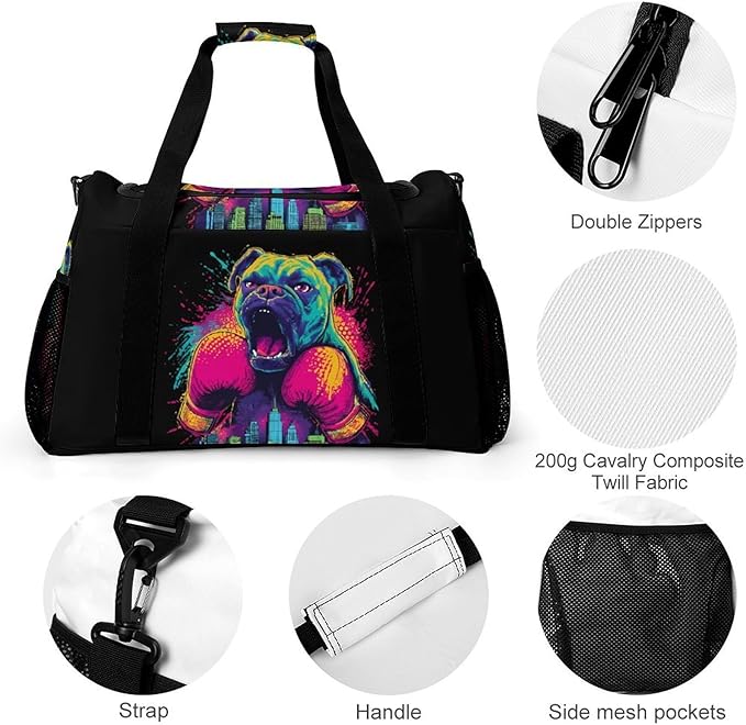 Boxer Dog Pop Boxing City Duffle Bag Gym Bag for Workout Travel Tote with Detachable Straps