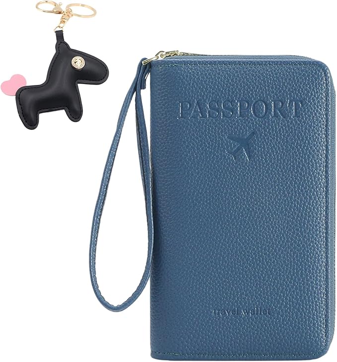 Multi-Functional Passport Holder Cover with Purse Charms,Premium Travel Wallet RFID Blocking Passport Cover Card Case for Holds Phones, Passports, Cash, Cards & Boarding Passes-Blue