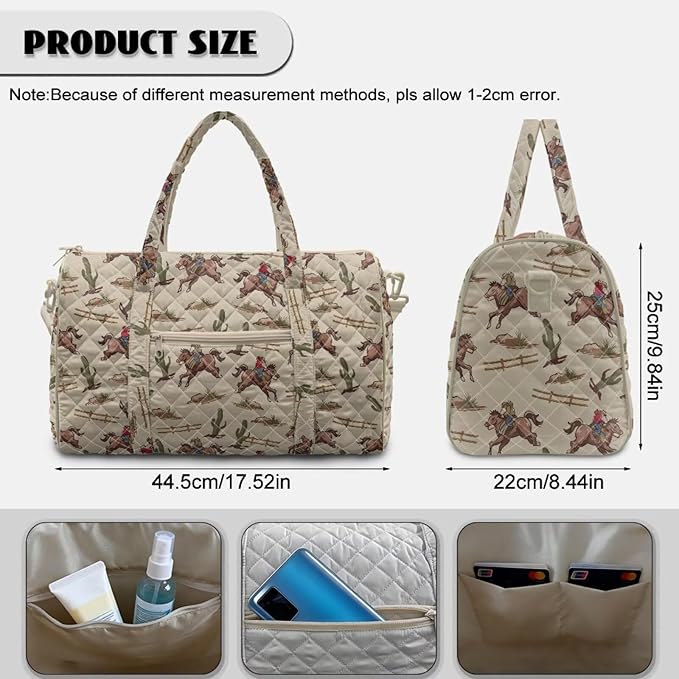 COEQINE Men Gym Bag for Travel Bag Quilted Duffel Bags for Men Mens, Large Packable Travel Bag with Western Horse Beige Printed