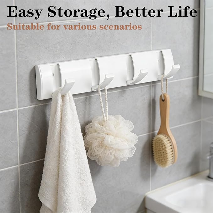 Folding Coat Hooks, Wall Mounted Coat Rack with 8 Retractable Hooks, Heavy Duty Towel Rack for Bathroom Wall Hook for Hanging Clothes Bathrobe, Stainless Steel Coat Hanger for Entryway(White)