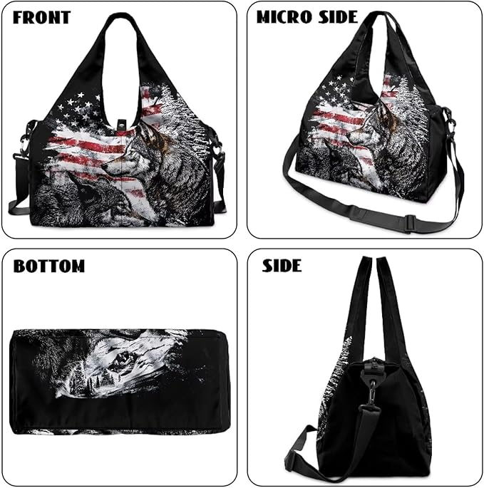 American Flag Wolf Sports Duffel Bag for Men Portable Lightweight Gym Bag with Shoe Compartment and Yoga Mats Holder Zipper Pockets Fitness Stylish Workout Bag for Gym Travel Weekender