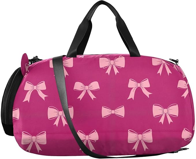 Bow Fuschia Pattern Kids Sports Duffle Bag for Boys Girls Toddler Weekender Overnight Bag with Shoe Compartment & Wet Pocket Kids Carry On Shoulder Bag for Gym Dance Sport Travel