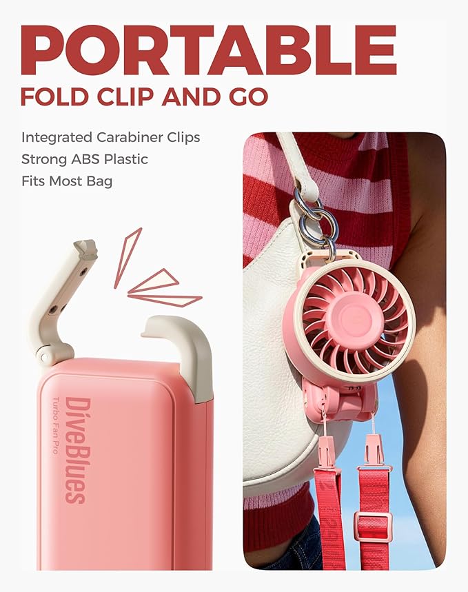 Diveblues Portable Turbo Fan, 7.4m/s High Speed Handheld Fan, 180° Foldable 4-in-1 Personal Neck Fan with Carabiner Clip, 100 Speed Stepless Control, USB-C Rechargeable for Travel, Makeup Hot Flashes