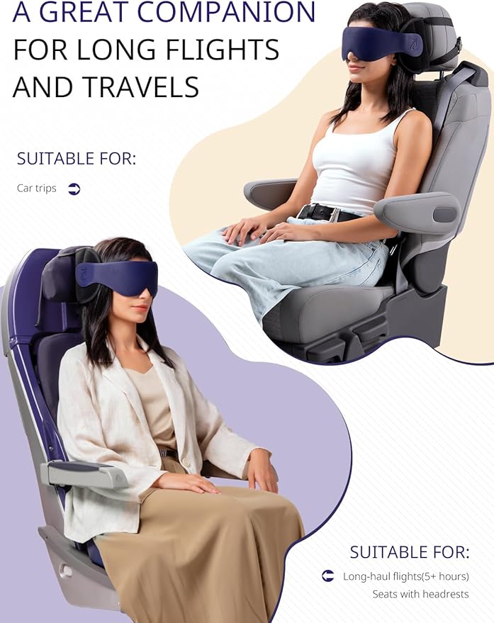 Travel Pillow, Airplane Neck Pillow with 3D Eye Mask for Sleeping, Round Edge Plane Head Strap 360°Headrest Support for Long Flight, Stop Bobblehead, Travel Essential for Car Road Trip Grey
