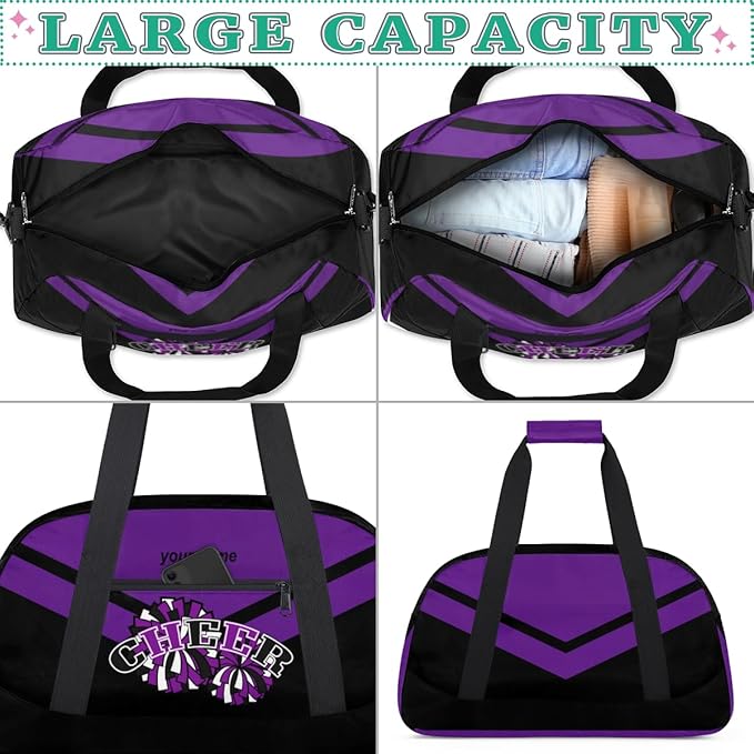 Custom Name Black Purple Cheerleading Squad Gym Travel Duffle Bag with Front Zipper Pocket Personalizedfor Sports Bag for Overnight, Weekender, Carry On,Workout & Dance, 18.9 * 8.7 * 10.6 in