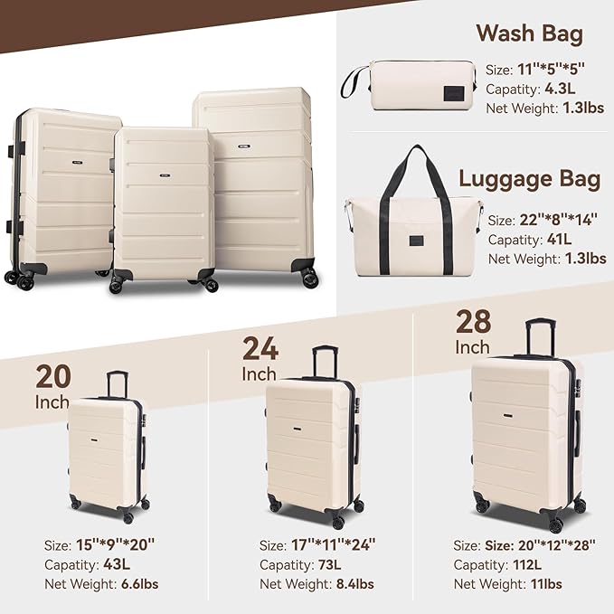Hoteel Expandable 5 Piece Luggage Set (4-YEARS WARRANTY) ABS+PC Hardshell Carry on Suitcase Silent Universal Wheels & TSA Lock for, Unisex Rolling Suit Case, for Travel, Family, Beige(20/24/28/DB/TB)