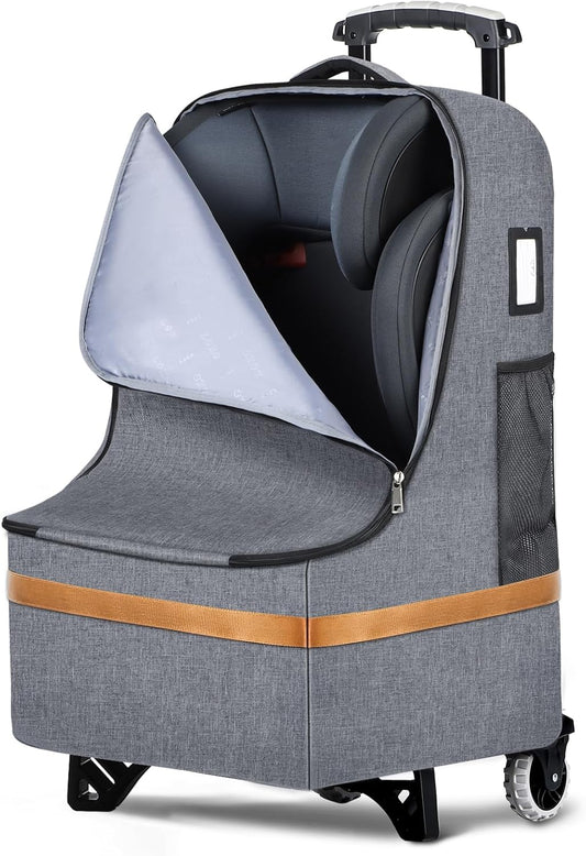 Padded Car Seat Travel Bag for Airplane with Wheels, Heavy Duty Carseat Bags for Air Travel, Rolling Gate Check Backpack and Dolly Carrier, Storage for Baby Essentials, Grey
