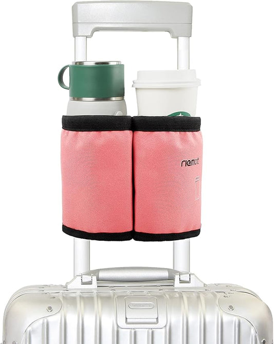 riemot Luggage Travel Cup Holder Free Hand Drink Carrier - Hold Two Coffee Mugs No Spill - Fits Roll on Suitcase Handles - Gifts for Flight Attendants Travelers Accessories Pink