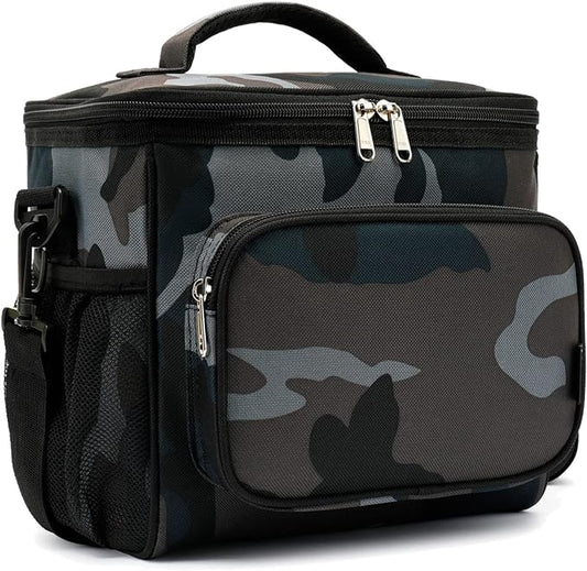 FlowFly Insulated Reusable Lunch Bag Adult Large Lunch Box for Women and Men with Adjustable Shoulder Strap,Front Zipper Pocket and Dual Large Mesh Side Pockets,BlackCamo