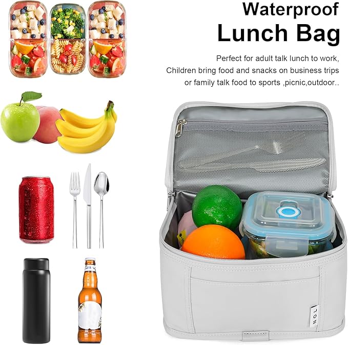 NOL Natural Organic Lifestyle Small Lunch Bag Mini Lunch Box Insulated Lunch Bag for Men/Women Leakproof Cooler Tote Bag Lightweight Nylon Waterproof Lunch Box For Work, Gray white