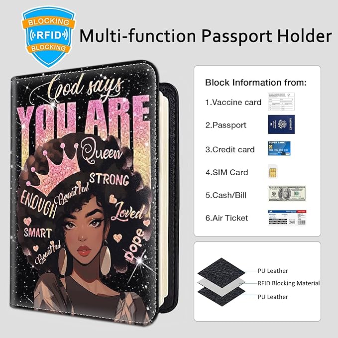 Passport Holder Women Wallet with Luggage Tag, Leather Passport Cover with RFID Blocking, Travel Accessories Multi Card Slot Passport Case for Men，African Girls Inspirational Quotes