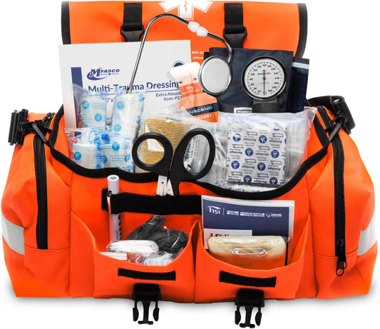 MFASCO First Aid Kit - Fully Stocked Portable Reflective Bag - First Responder Emergency Response Kit - for Natural Disaster Preparedness - Customizable Storage - Includes 415 Pcs First Aid Supplies
