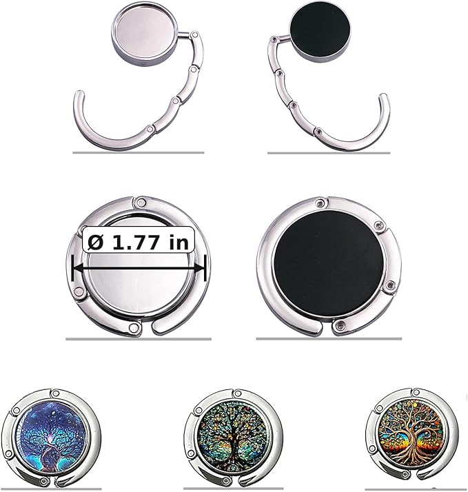 Portable Purse Hook for Table, Foldable Purse Hanger for Table Edge with Non-Slip Rubber Base, Magnetic Closure, 3-Pack Handbag Hook Set, Family Tree Designs for Restaurant Office Travel