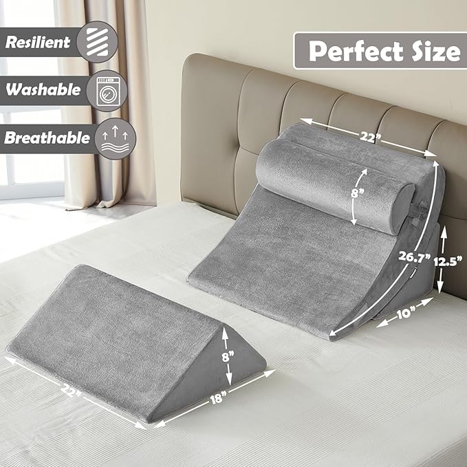 4pcs Orthopedic Bed Wedge Pillow Set Post Surgery Relaxing Back Adjustable Head Support Cushion Triangle Memory Foam Pillow for Acid Reflux Sleeping Reading Leg Elevation Snoring (Light Grey, 4PCS)