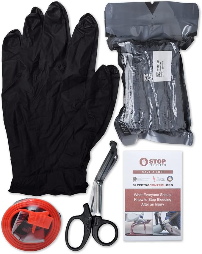MFASCO Stop The Bleed Personal Pack-Contains 4 Inch Military Israeli Bandage,Easy Apply STAT Tourniquet Safe for Children,for Schools,Non-Medical Use-Assembled in USA,Latex Free-6.75 x 4 x 1.5 inches
