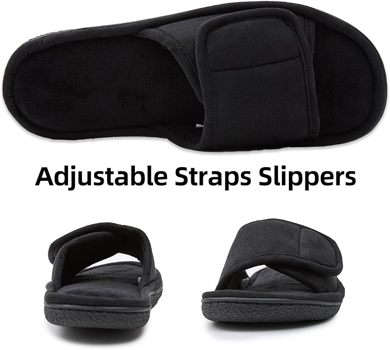 WALKFUN Men's Open Toe Slippers Adjustable Slip-on Memory Foam Indoor Slippers for Men Non Slip Outsole
