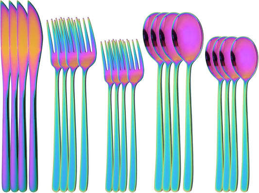 20 Pieces Silverware Set 304 Stainless Steel, Healthy & Eco-Friendly Silver Travel Mirror Polished Rainbow Knife Fork Spoon Salad Fork Dessert Spoon Flatware Set, Service for 4