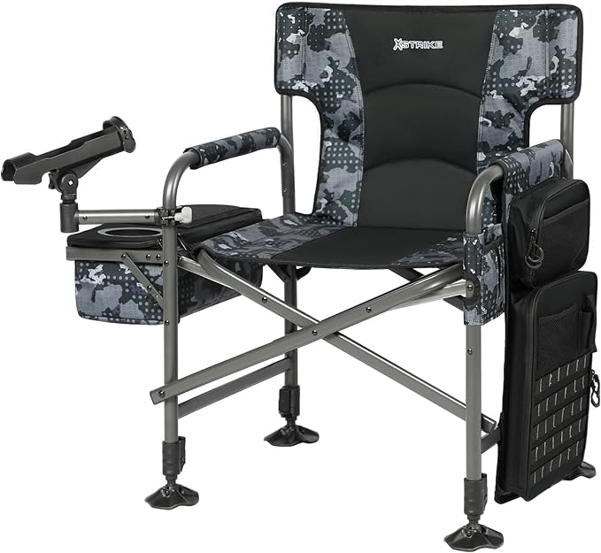 X Strike Fishing Chairs with Rod Holder, Folding Ice Fishing Chair for Adults Outdoor Camping Chair Leg Adjustable with Cooler Bag and Storage Bag for Ice Fishing, Camp, Lawn, Patio, Garden