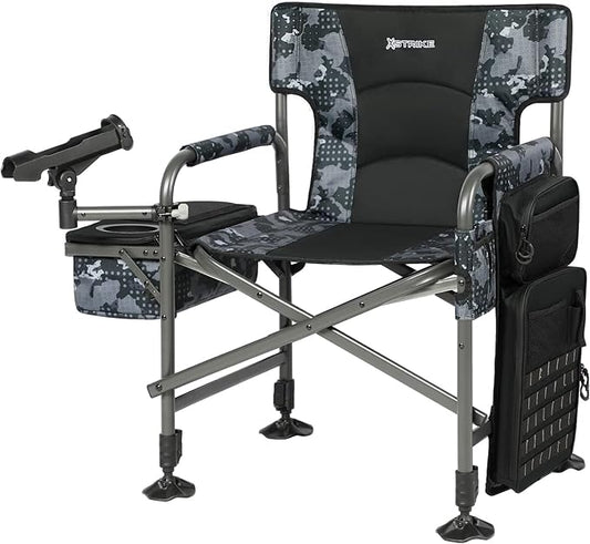 X Strike Fishing Chairs with Rod Holder, Folding Ice Fishing Chair for Adults Outdoor Camping Chair Leg Adjustable with Cooler Bag and Storage Bag for Ice Fishing, Camp, Lawn, Patio, Garden