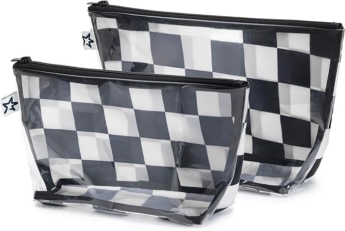 Tiny Twinkle Diaper Bag Organizing Pouches | 2 Pack Mess-Proof Travel Organizer Bags with Structured Bottom & Clear Front | TSA Approved Toiletry Bag Set for Baby and Mom Essentials (Black Checkers)