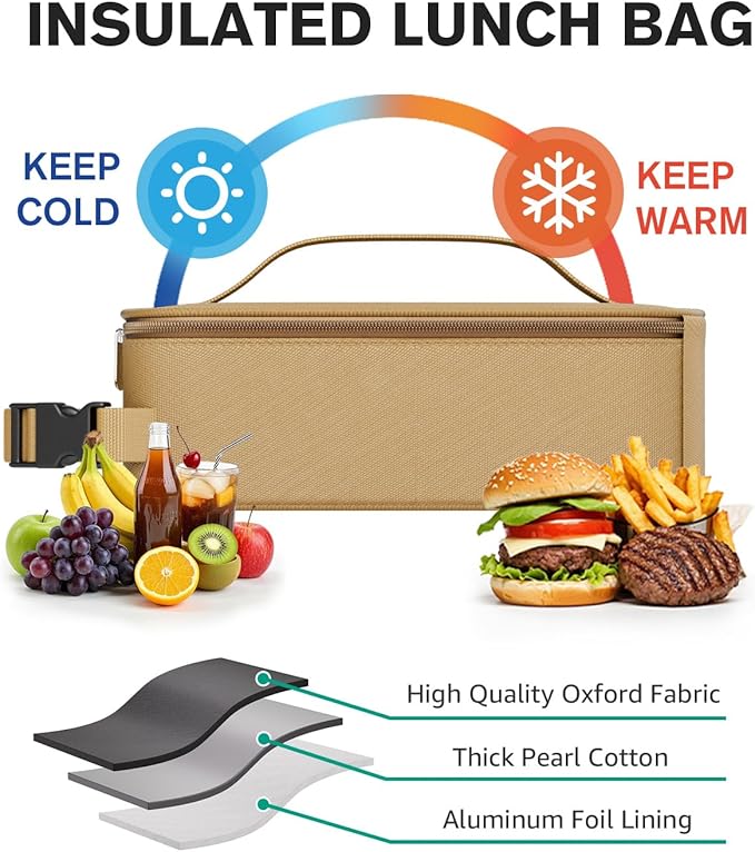 HowFly Small Lunch Bag - Insulated Lunch Box Bag for Women Men - Portable Thermal Reusable Meal Cooler Bags with Buckle Handle for Work School - Khaki