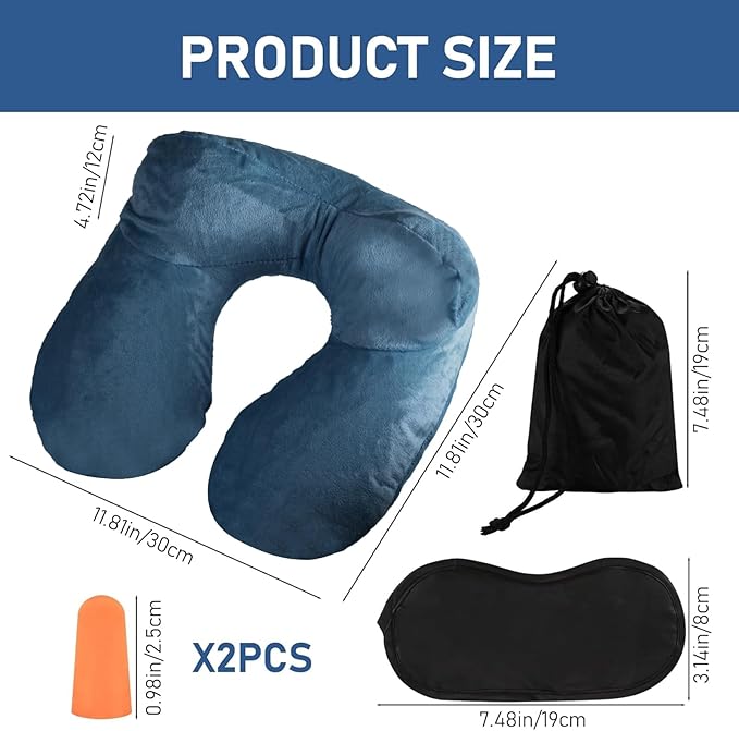 Air-Filled Travel Pillows for Sleeping Airplane Neck Support for Traveling Pillow Inflatable Travel Neck Pillows for Air-Filled Neck Pillow Airplane, with Eye Masks, Earplugs