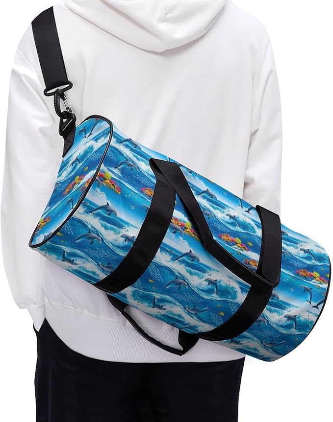 Basketball Football Weekender Bag Strong Waves Jumping Dolphin Great Ocean Wave Blue Carry on Beach Yoga Overnight Luggage Bag Sports Gym Bags for Men Women