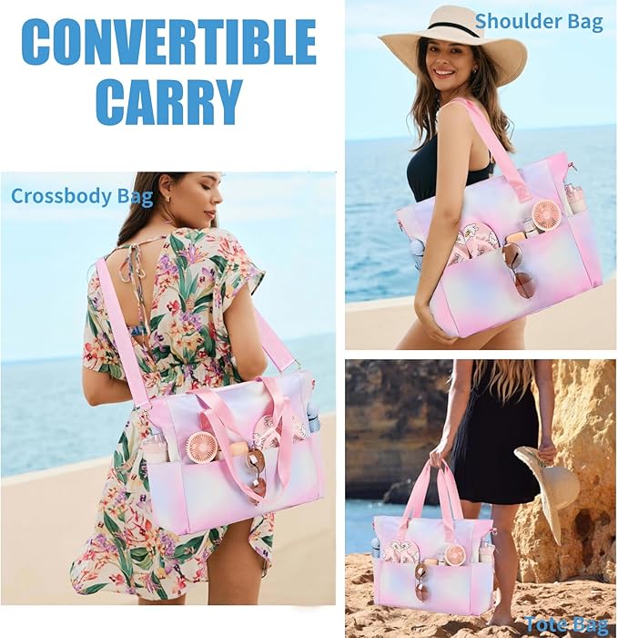 Beach Bags for Women, Large Waterproof Sandproof Swim Pool Bag with Dry Wet Seperated Pocket Utility Tote Bag