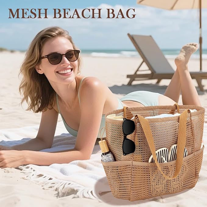 Fammart Mesh Beach Bag for Women, Summer Straw Tote Hobo Pool Bags with Zipper Pocket, Travel Vacation Cruise Essentials 2026