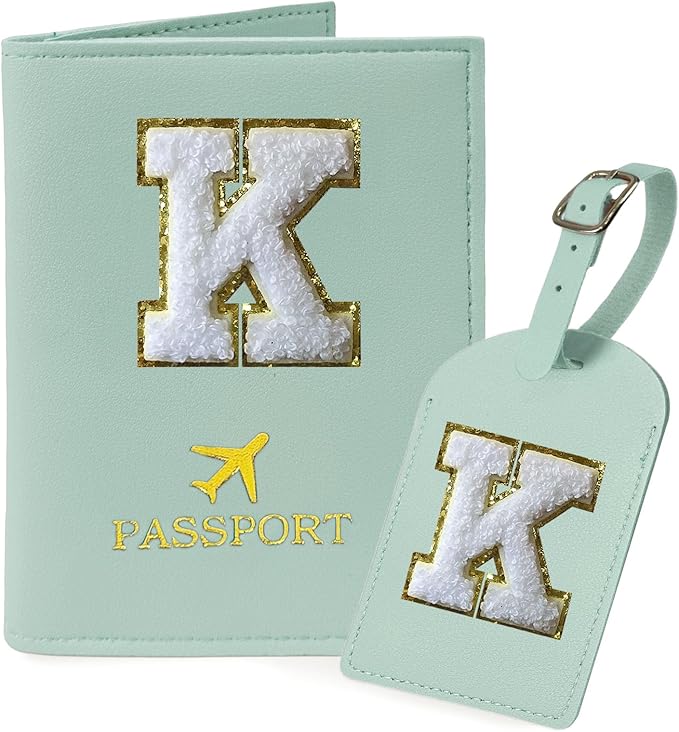COSHAYSOO Green Initial Passport Cover Holder and Luggage Tag Set TSA Approved with Chenille Letter Patch for Women Teenage Girls, Traveling Necessities Supply Unique Bag Suitcase Identifier (K)