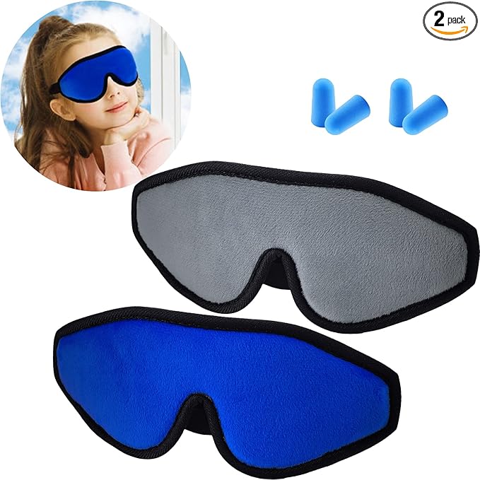 2 Pieces 3D Sleep Mask for Kids Memory Foam Contoured Eye Mask, Travel Sleep Eye Cover with Adjustable Strap, 3D Blindfolds(Blue and Gray)