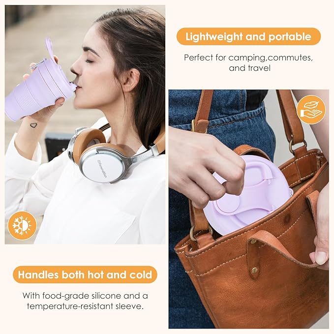 Collapsible Travel Cup - Lilac,20oz/600ml，Leak-Proof Reusable To-Go Pocket Size Silicone Bottle for Hot & Cold Drinks - Camping & Hiking - Dishwasher Safe- Straw included