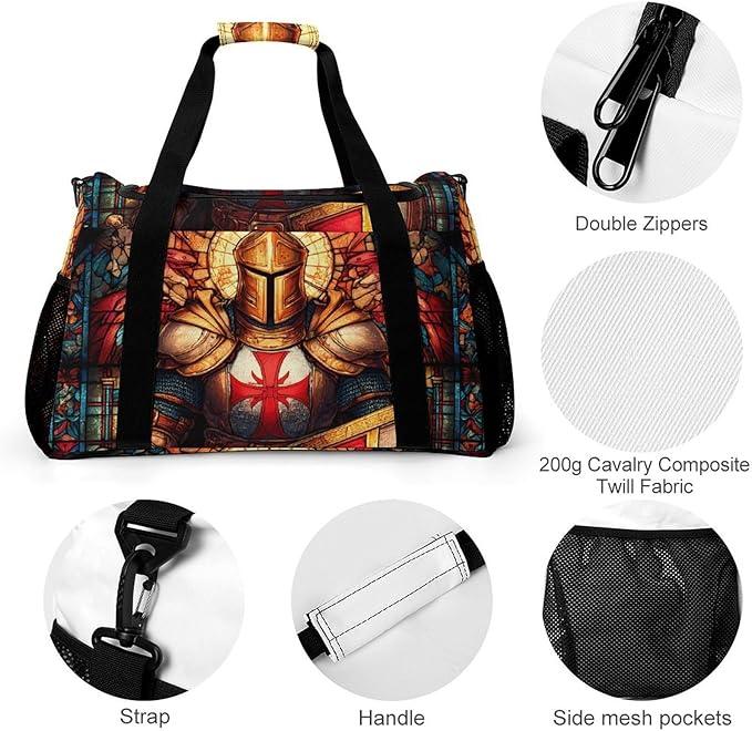 Stained Glass Knights Crusader Duffle Bag Gym Bag for Workout Travel Tote with Detachable Straps