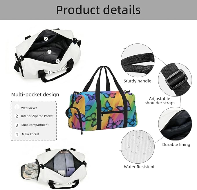 Sports Gym Bag Butterflies Rainbow Stripe Travel Duffel Bag With Shoe Compartment Shoulder Strap, Lightweight Water-Resistant Weekend Overnight Totes For Women Men