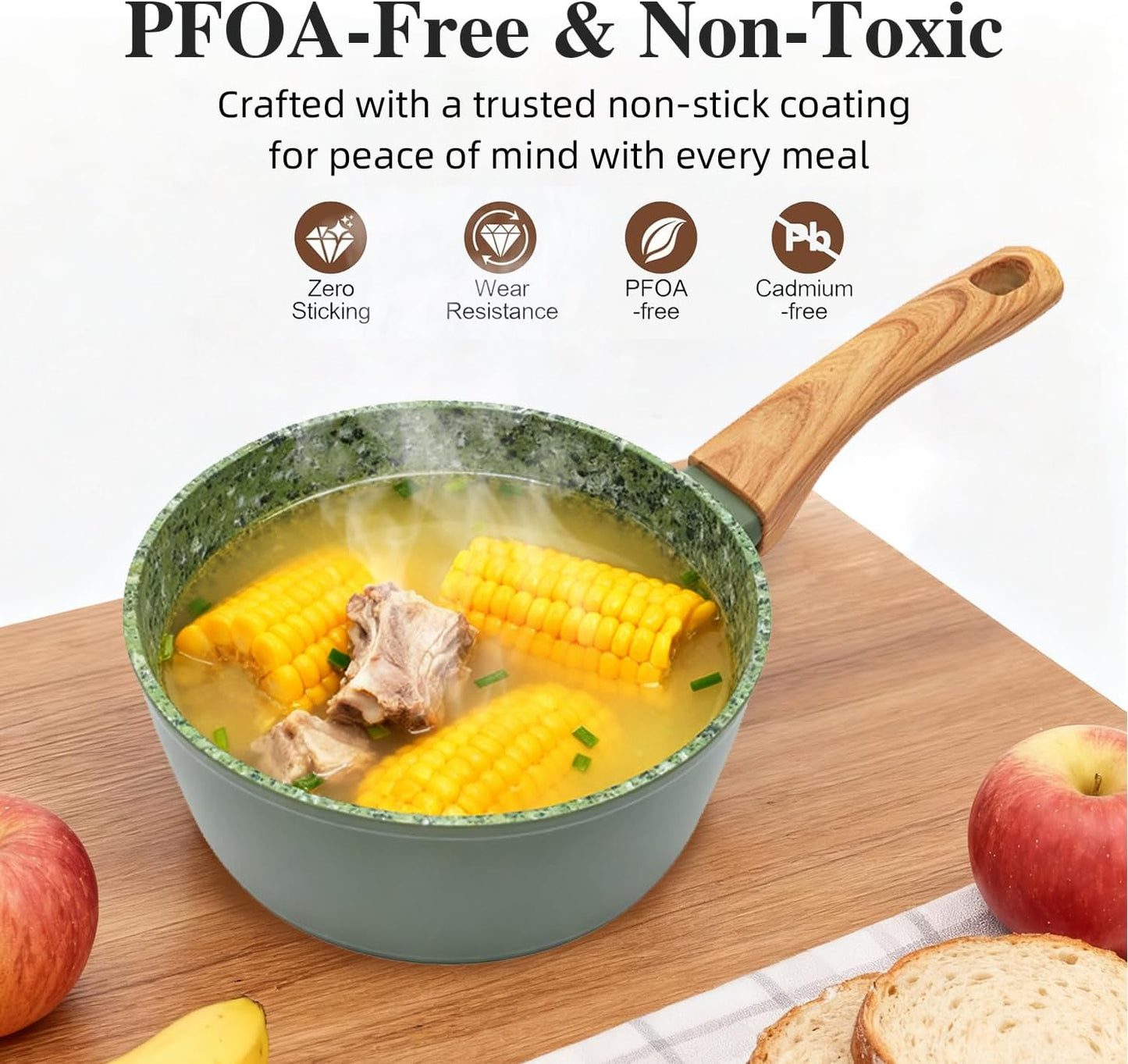 Nonstick Cookware Set, 2-Piece Non-Toxic Coated 8.5 Inch Frying Pan & Saucepan with Lid, PFOA Free Dishwasher Safe, Induction Compatible, Beginner Kitchen Pots and Pans Set, Green