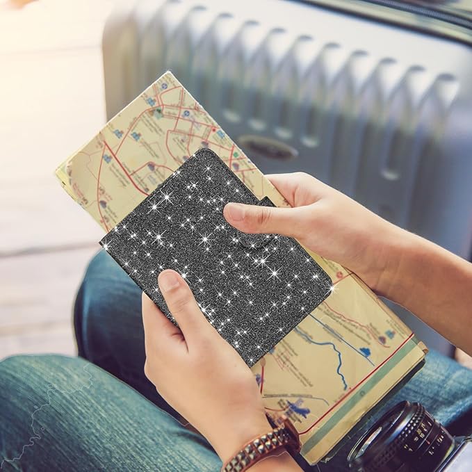 HOTCOOL Passport Holder Travel Essentials Airplane & Cruise Essentials Ship Leather Wallet Cover Case RFID Blocking Women & Men Vacation Travel Accessories Gifts Deals, Glitter - Black