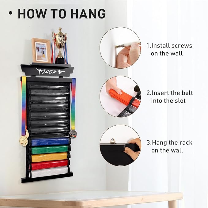 Tilhumt 10/12 Belts Karate Belt Display Rack with Photo Shelf, Felt Taekwondo Belt Display Rack Martial Arts Belt Display for Adults TKD, BJJ